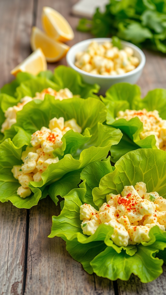 Egg salad lettuce wraps filled with creamy egg salad and garnished with paprika, served on a rustic table.